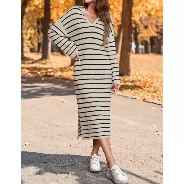 imageZESICA Womens Fall Striped Sweater Dresses 2024 Casual Long Sleeve Lapel V Neck Knit Side Slit Midi DressApricot