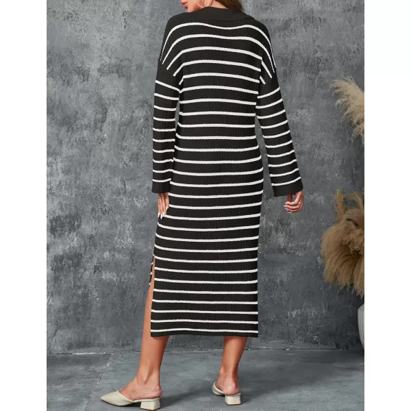imageZESICA Womens Fall Striped Sweater Dresses 2024 Casual Long Sleeve Lapel V Neck Knit Side Slit Midi DressBlack