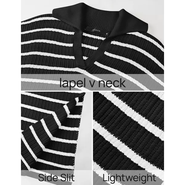 imageZESICA Womens Fall Striped Sweater Dresses 2024 Casual Long Sleeve Lapel V Neck Knit Side Slit Midi DressBlack