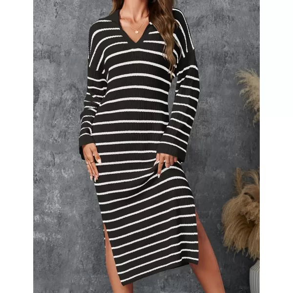 imageZESICA Womens Fall Striped Sweater Dresses 2024 Casual Long Sleeve Lapel V Neck Knit Side Slit Midi DressBlack