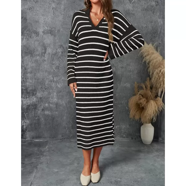 imageZESICA Womens Fall Striped Sweater Dresses 2024 Casual Long Sleeve Lapel V Neck Knit Side Slit Midi DressBlack