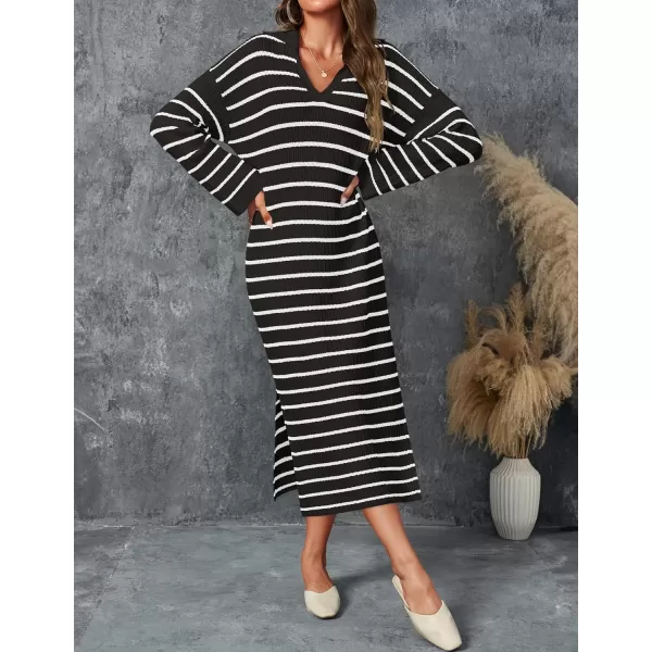 imageZESICA Womens Fall Striped Sweater Dresses 2024 Casual Long Sleeve Lapel V Neck Knit Side Slit Midi DressBlack