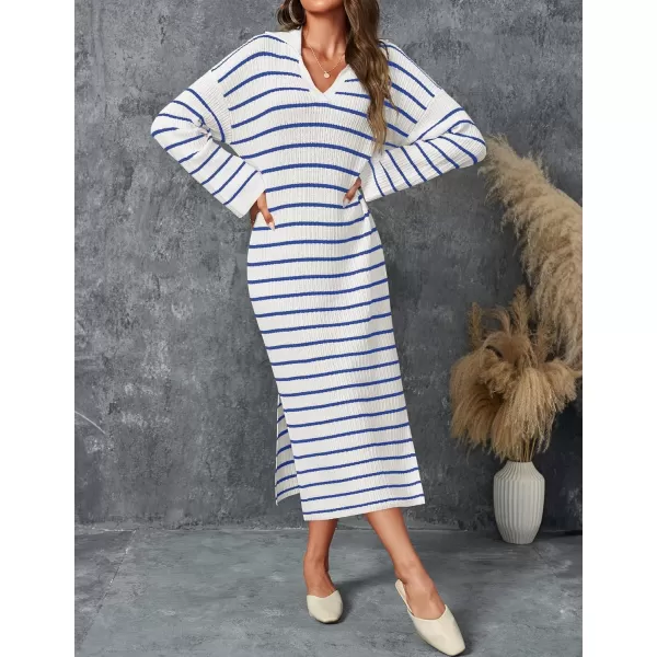 imageZESICA Womens Fall Striped Sweater Dresses 2024 Casual Long Sleeve Lapel V Neck Knit Side Slit Midi DressBlue