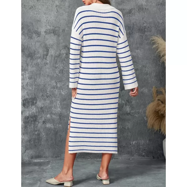 imageZESICA Womens Fall Striped Sweater Dresses 2024 Casual Long Sleeve Lapel V Neck Knit Side Slit Midi DressBlue