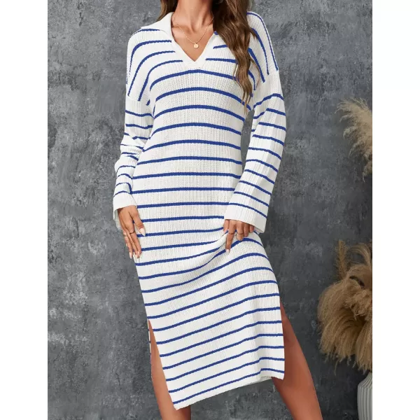 imageZESICA Womens Fall Striped Sweater Dresses 2024 Casual Long Sleeve Lapel V Neck Knit Side Slit Midi DressBlue