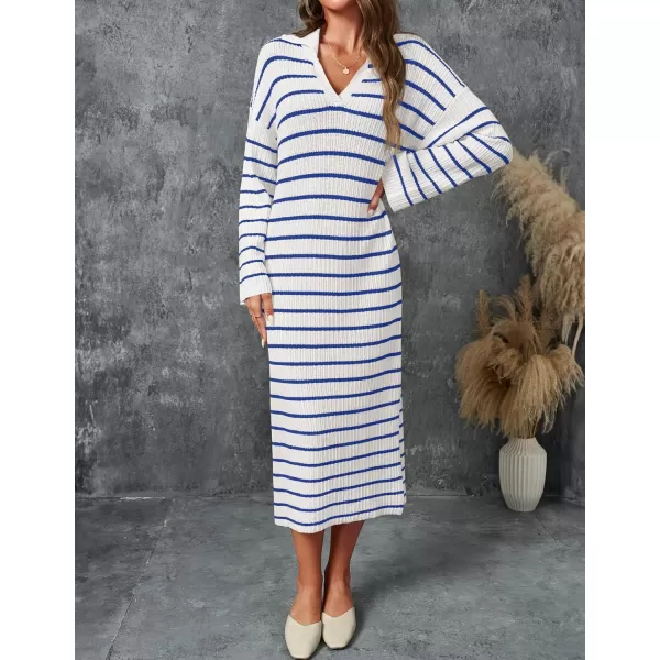 imageZESICA Womens Fall Striped Sweater Dresses 2024 Casual Long Sleeve Lapel V Neck Knit Side Slit Midi DressBlue