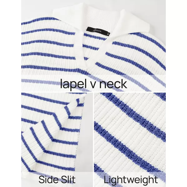 imageZESICA Womens Fall Striped Sweater Dresses 2024 Casual Long Sleeve Lapel V Neck Knit Side Slit Midi DressBlue