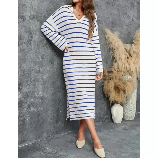 imageZESICA Womens Fall Striped Sweater Dresses 2024 Casual Long Sleeve Lapel V Neck Knit Side Slit Midi DressBlue