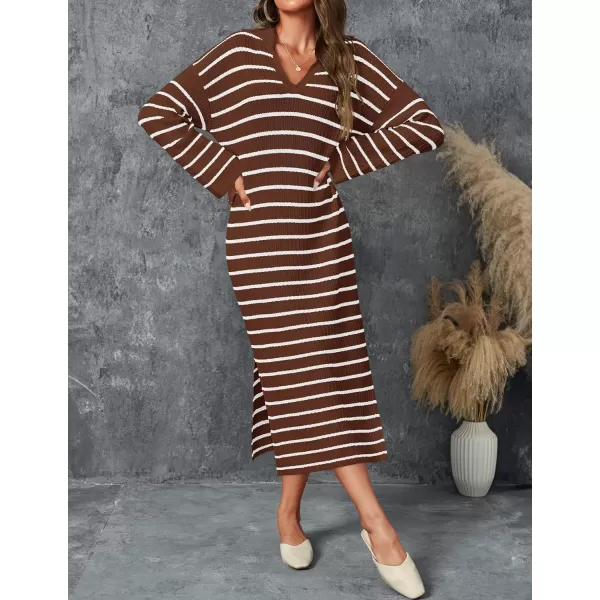 imageZESICA Womens Fall Striped Sweater Dresses 2024 Casual Long Sleeve Lapel V Neck Knit Side Slit Midi DressCoffee