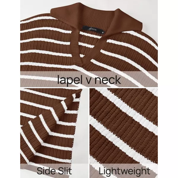 imageZESICA Womens Fall Striped Sweater Dresses 2024 Casual Long Sleeve Lapel V Neck Knit Side Slit Midi DressCoffee