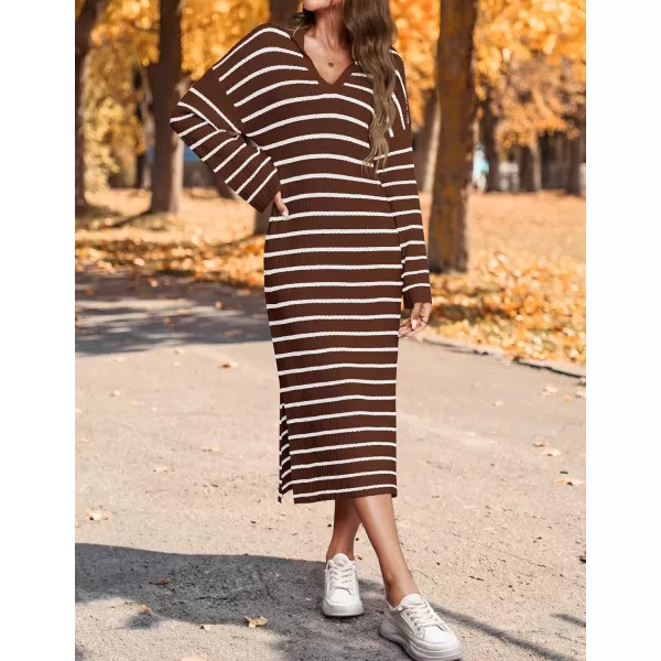 imageZESICA Womens Fall Striped Sweater Dresses 2024 Casual Long Sleeve Lapel V Neck Knit Side Slit Midi DressCoffee