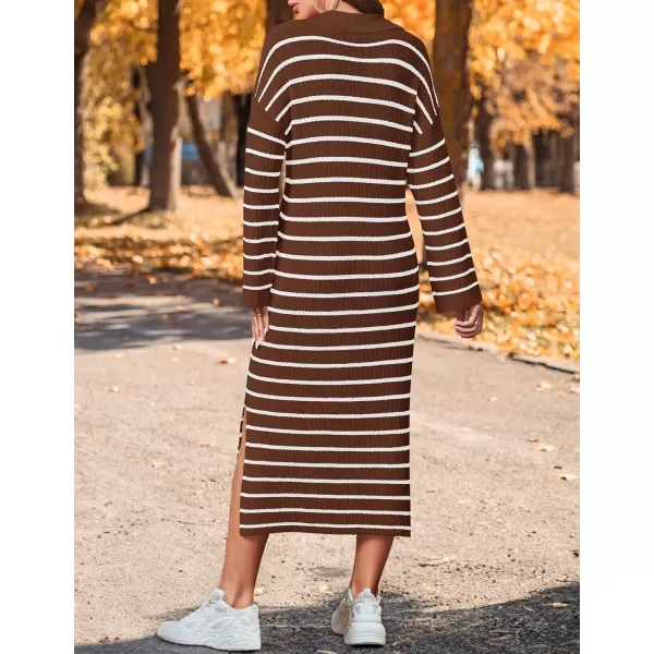imageZESICA Womens Fall Striped Sweater Dresses 2024 Casual Long Sleeve Lapel V Neck Knit Side Slit Midi DressCoffee