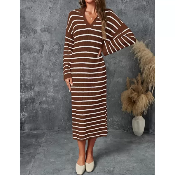 imageZESICA Womens Fall Striped Sweater Dresses 2024 Casual Long Sleeve Lapel V Neck Knit Side Slit Midi DressCoffee