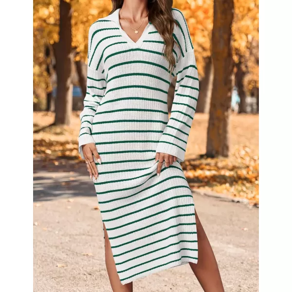 imageZESICA Womens Fall Striped Sweater Dresses 2024 Casual Long Sleeve Lapel V Neck Knit Side Slit Midi DressGreen