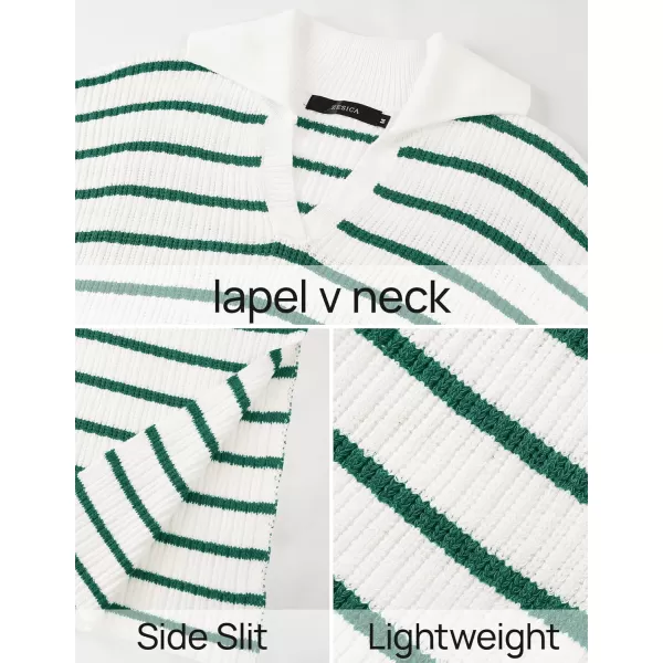 imageZESICA Womens Fall Striped Sweater Dresses 2024 Casual Long Sleeve Lapel V Neck Knit Side Slit Midi DressGreen