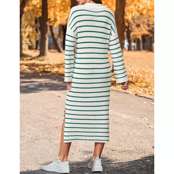 imageZESICA Womens Fall Striped Sweater Dresses 2024 Casual Long Sleeve Lapel V Neck Knit Side Slit Midi DressGreen