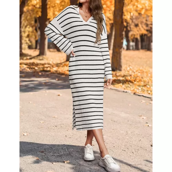 imageZESICA Womens Fall Striped Sweater Dresses 2024 Casual Long Sleeve Lapel V Neck Knit Side Slit Midi DressIvory