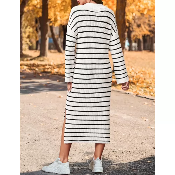 imageZESICA Womens Fall Striped Sweater Dresses 2024 Casual Long Sleeve Lapel V Neck Knit Side Slit Midi DressIvory