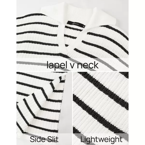 imageZESICA Womens Fall Striped Sweater Dresses 2024 Casual Long Sleeve Lapel V Neck Knit Side Slit Midi DressIvory
