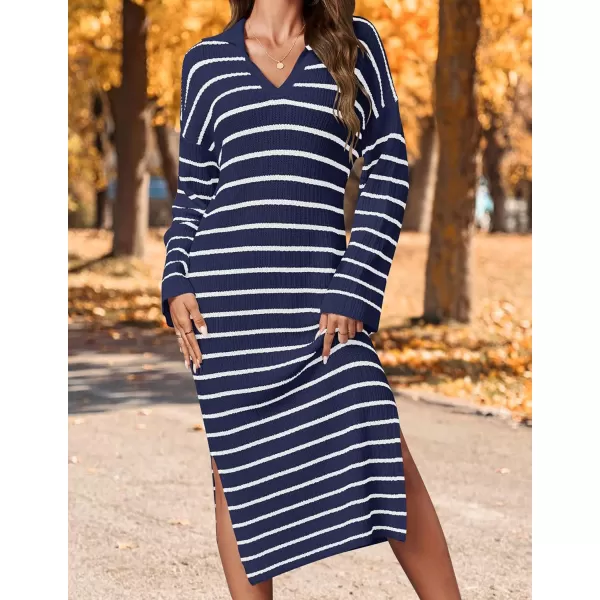 imageZESICA Womens Fall Striped Sweater Dresses 2024 Casual Long Sleeve Lapel V Neck Knit Side Slit Midi DressNavy