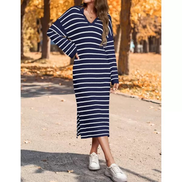 imageZESICA Womens Fall Striped Sweater Dresses 2024 Casual Long Sleeve Lapel V Neck Knit Side Slit Midi DressNavy
