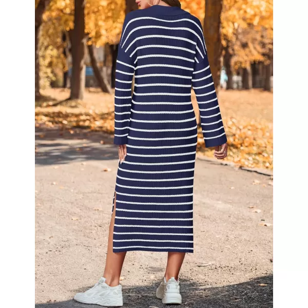 imageZESICA Womens Fall Striped Sweater Dresses 2024 Casual Long Sleeve Lapel V Neck Knit Side Slit Midi DressNavy