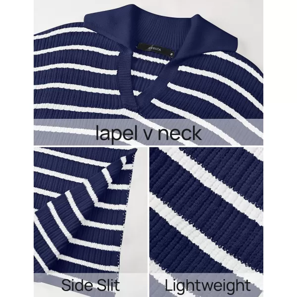 imageZESICA Womens Fall Striped Sweater Dresses 2024 Casual Long Sleeve Lapel V Neck Knit Side Slit Midi DressNavy