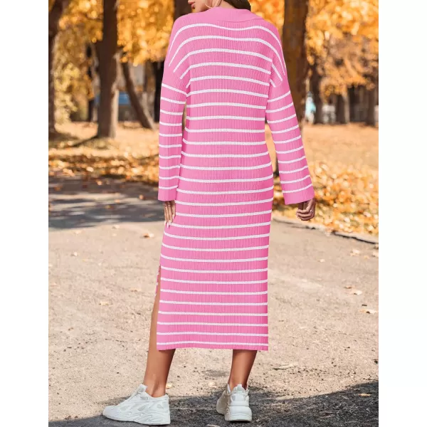 imageZESICA Womens Fall Striped Sweater Dresses 2024 Casual Long Sleeve Lapel V Neck Knit Side Slit Midi DressPink