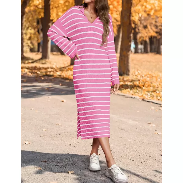 imageZESICA Womens Fall Striped Sweater Dresses 2024 Casual Long Sleeve Lapel V Neck Knit Side Slit Midi DressPink