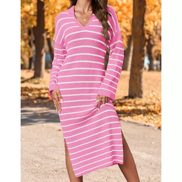 imageZESICA Womens Fall Striped Sweater Dresses 2024 Casual Long Sleeve Lapel V Neck Knit Side Slit Midi DressPink