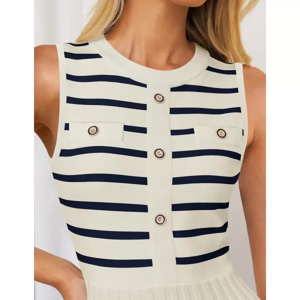 imageZESICA Womens Sleeveless Striped Midi Dress Summer Crewneck Button Knit Swing Pleated A Line Casual DressesBeige