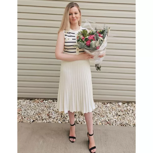 imageZESICA Womens Sleeveless Striped Midi Dress Summer Crewneck Button Knit Swing Pleated A Line Casual DressesBeige