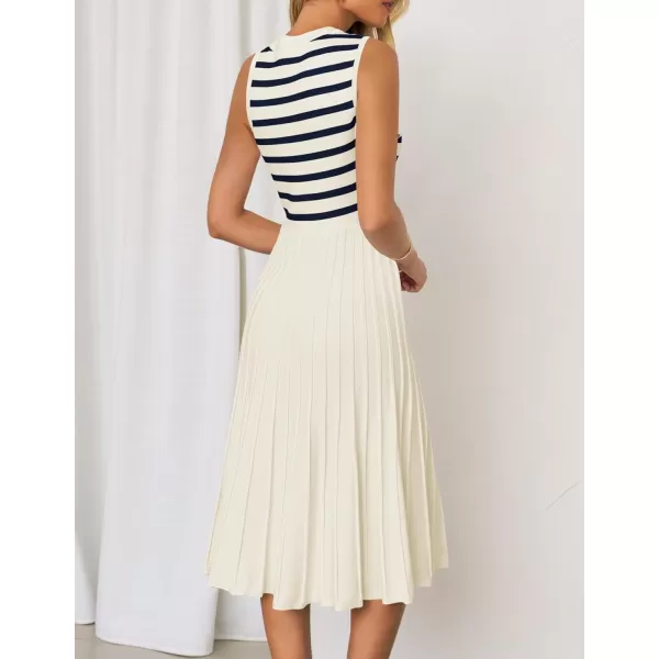imageZESICA Womens Sleeveless Striped Midi Dress Summer Crewneck Button Knit Swing Pleated A Line Casual DressesBeige