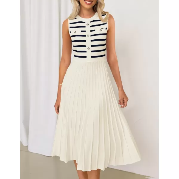imageZESICA Womens Sleeveless Striped Midi Dress Summer Crewneck Button Knit Swing Pleated A Line Casual DressesBeige