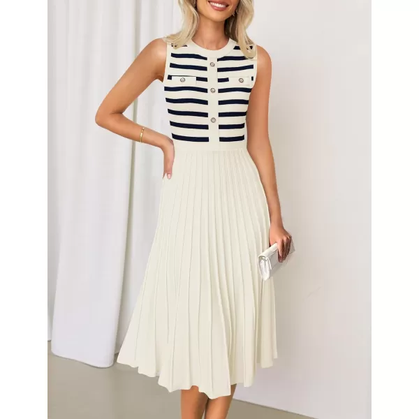 imageZESICA Womens Sleeveless Striped Midi Dress Summer Crewneck Button Knit Swing Pleated A Line Casual DressesBeige