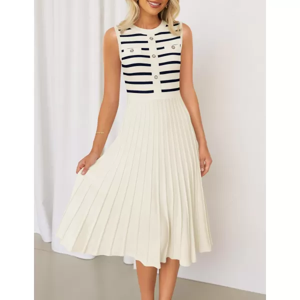 imageZESICA Womens Sleeveless Striped Midi Dress Summer Crewneck Button Knit Swing Pleated A Line Casual DressesBeige
