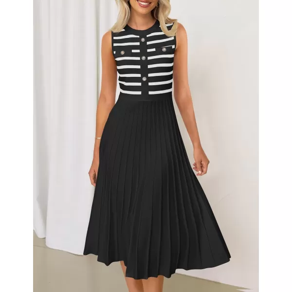 imageZESICA Womens Sleeveless Striped Midi Dress Summer Crewneck Button Knit Swing Pleated A Line Casual DressesBlack