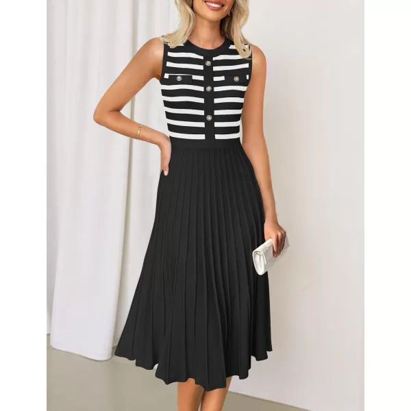 imageZESICA Womens Sleeveless Striped Midi Dress Summer Crewneck Button Knit Swing Pleated A Line Casual DressesBlack