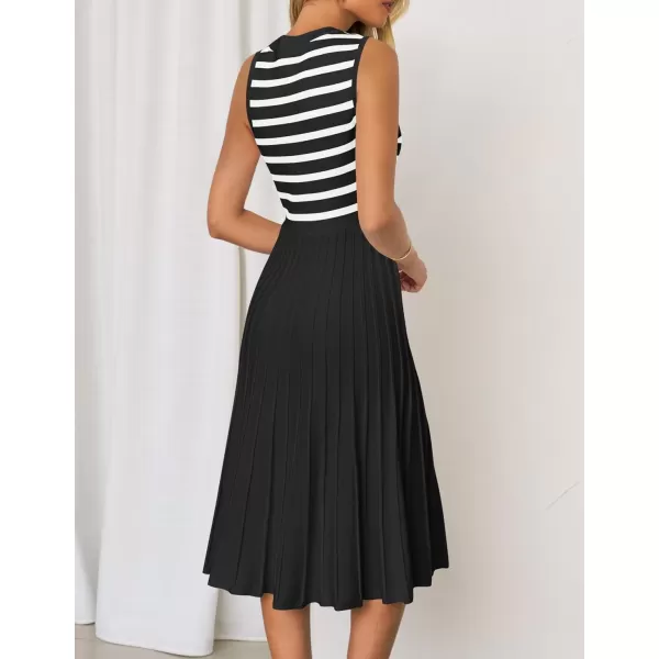 imageZESICA Womens Sleeveless Striped Midi Dress Summer Crewneck Button Knit Swing Pleated A Line Casual DressesBlack