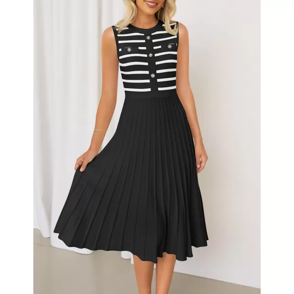 imageZESICA Womens Sleeveless Striped Midi Dress Summer Crewneck Button Knit Swing Pleated A Line Casual DressesBlack