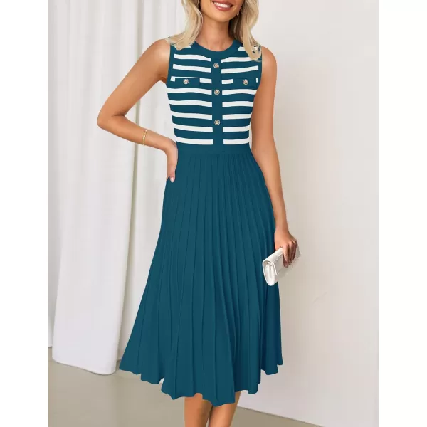 imageZESICA Womens Sleeveless Striped Midi Dress Summer Crewneck Button Knit Swing Pleated A Line Casual DressesBlue