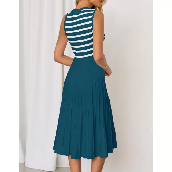 imageZESICA Womens Sleeveless Striped Midi Dress Summer Crewneck Button Knit Swing Pleated A Line Casual DressesBlue