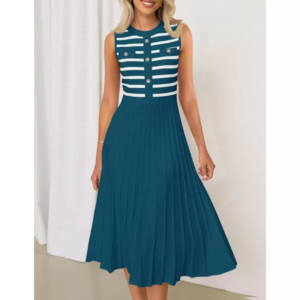 imageZESICA Womens Sleeveless Striped Midi Dress Summer Crewneck Button Knit Swing Pleated A Line Casual DressesBlue