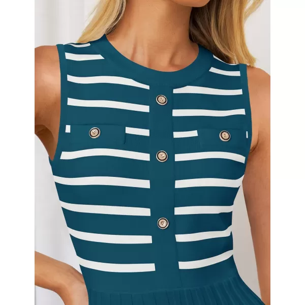 imageZESICA Womens Sleeveless Striped Midi Dress Summer Crewneck Button Knit Swing Pleated A Line Casual DressesBlue