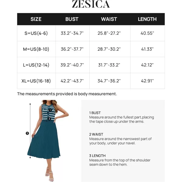 imageZESICA Womens Sleeveless Striped Midi Dress Summer Crewneck Button Knit Swing Pleated A Line Casual DressesBlue