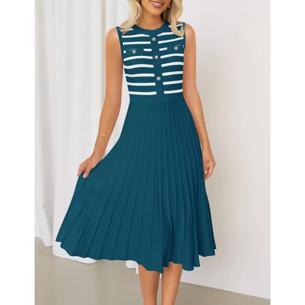 imageZESICA Womens Sleeveless Striped Midi Dress Summer Crewneck Button Knit Swing Pleated A Line Casual DressesBlue