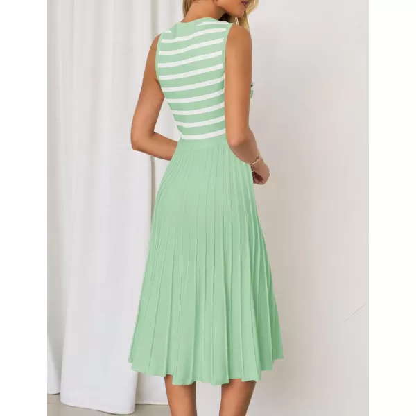 imageZESICA Womens Sleeveless Striped Midi Dress Summer Crewneck Button Knit Swing Pleated A Line Casual DressesGreen