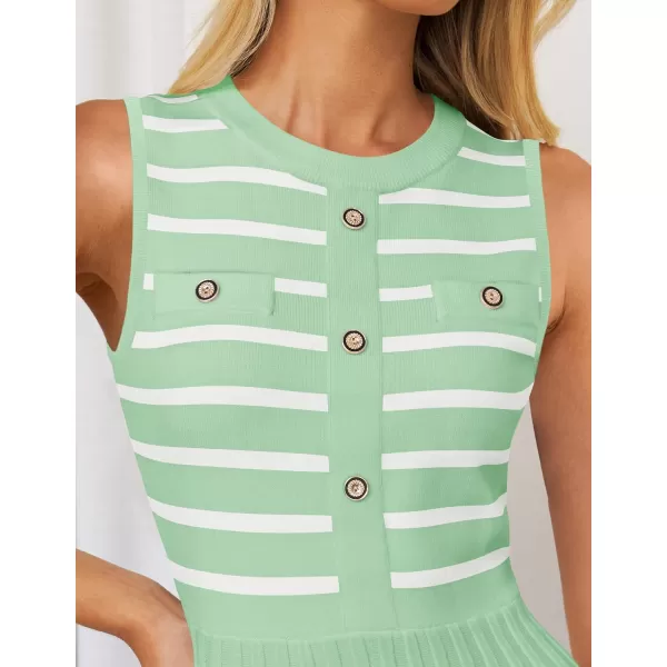 imageZESICA Womens Sleeveless Striped Midi Dress Summer Crewneck Button Knit Swing Pleated A Line Casual DressesGreen