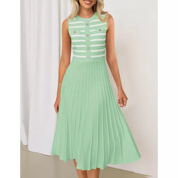 imageZESICA Womens Sleeveless Striped Midi Dress Summer Crewneck Button Knit Swing Pleated A Line Casual DressesGreen