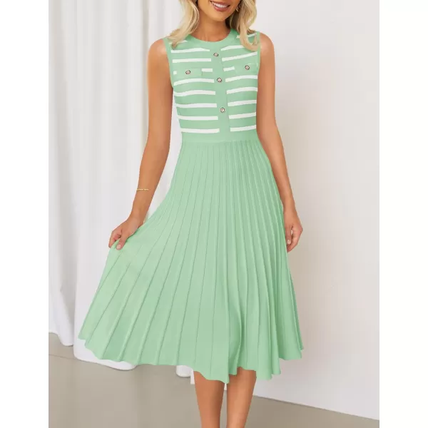 imageZESICA Womens Sleeveless Striped Midi Dress Summer Crewneck Button Knit Swing Pleated A Line Casual DressesGreen